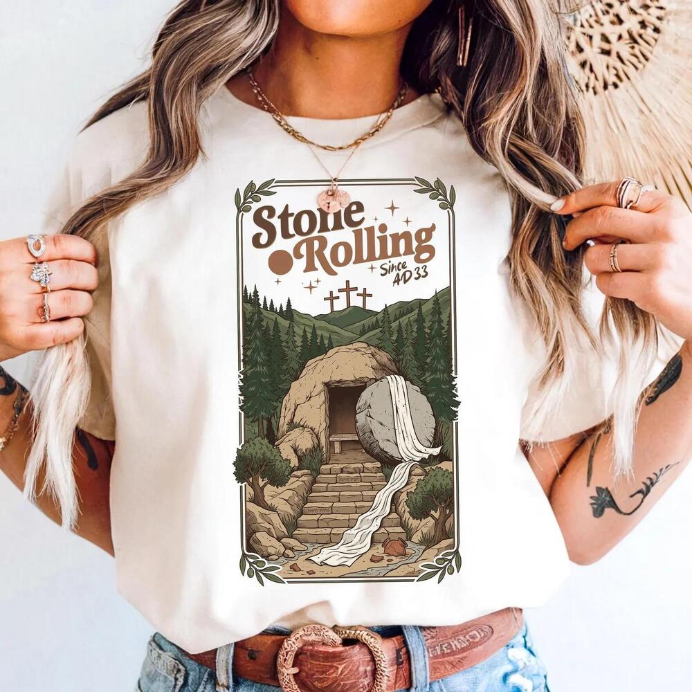 S Stone Rolling Christian T-Shirt Jesus Easter Graphic Tee